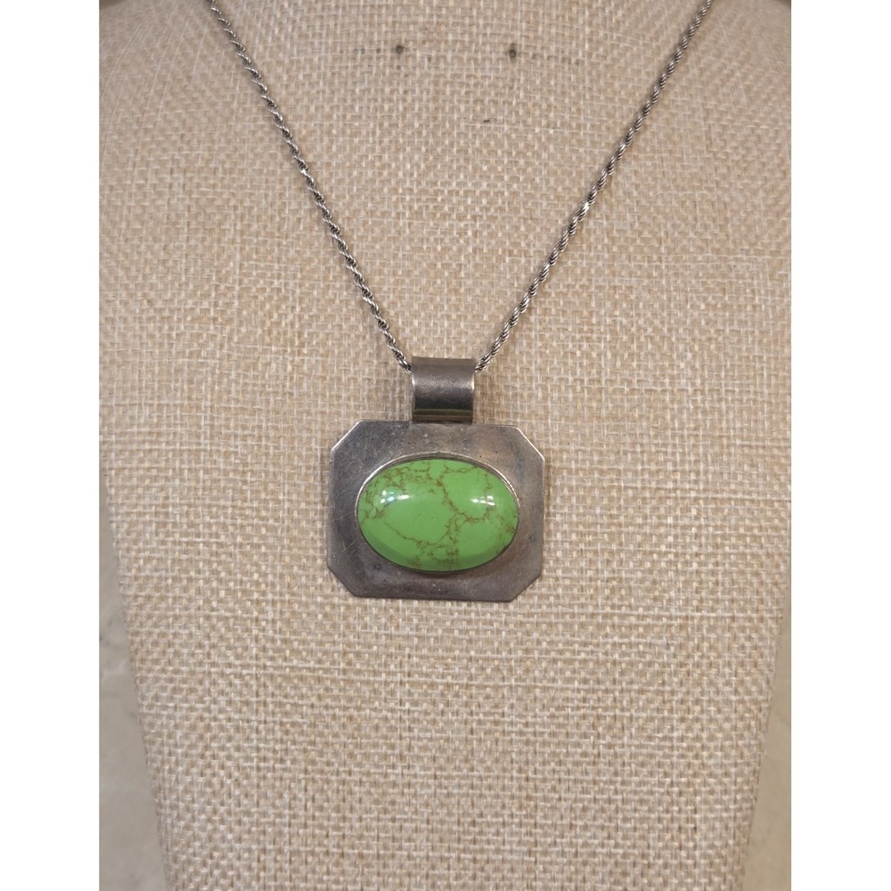 Vtg Sterling Silver Green Turquoise Statement Pendant Sterling 20" Rope Necklace